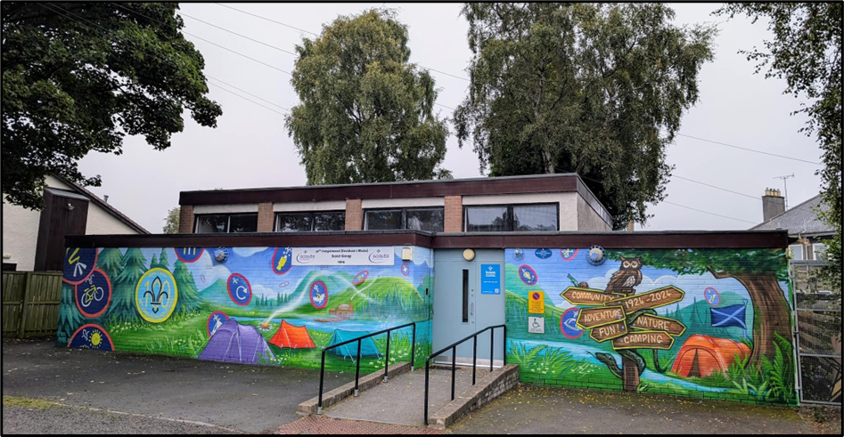 Large Scout Hut with a mural on the front